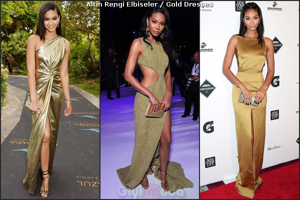 Model Iman gold elbiseleriyle
